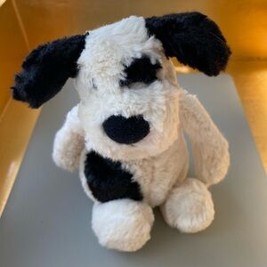 Jellycat Plush Toy. “Bashful” Black and Cream Spot Puppy. 8”